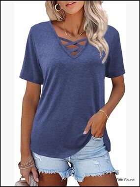 Soft Rayon Blend V-Neck Tee with Criss Cross Detail, Loose Fit
